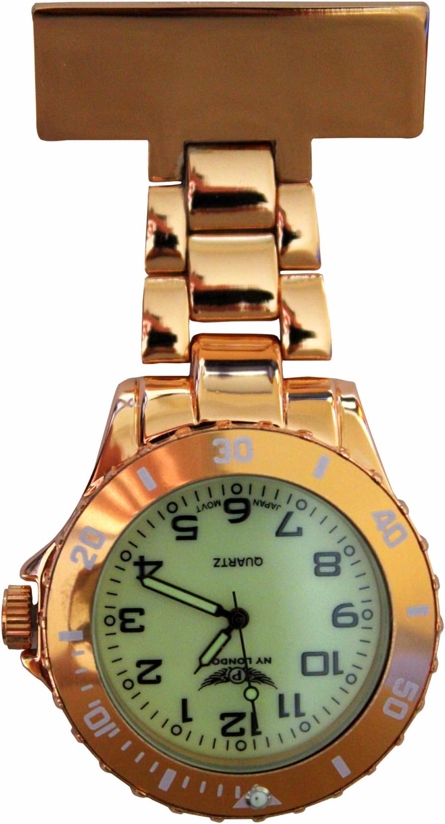 Prince London NYNY London Rose Gold with Green Luminous Face Metal Nurse Doctor Paramedic FOB Watch Brooch Extra Battery