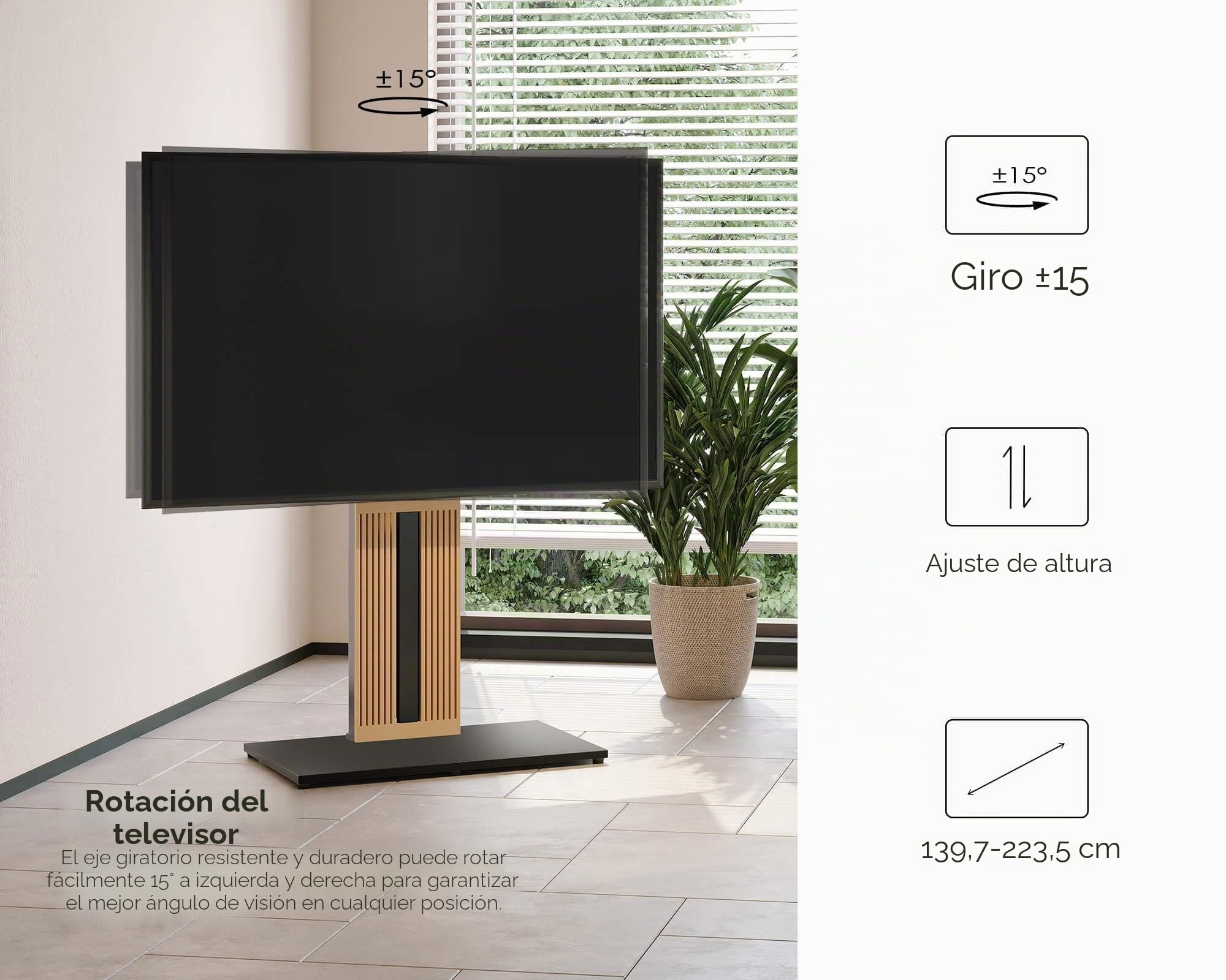 FITUEYES Soporte TV Pie de 43"-88" Pulgadas Soporte TV Suelo de Madera de Haya Pie Altura Ajustable y Giro Negro Serie Zen