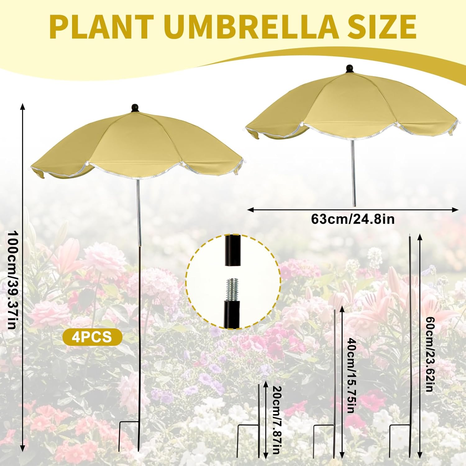 4 Pack Plant Umbrellas for Outdoor Plants 25" Larger Garden Umbrella Sun Shade with Adjustable Angle 40" Higher Sun Protection Cover Shade for Plants, Potted Flower,Garden Bed