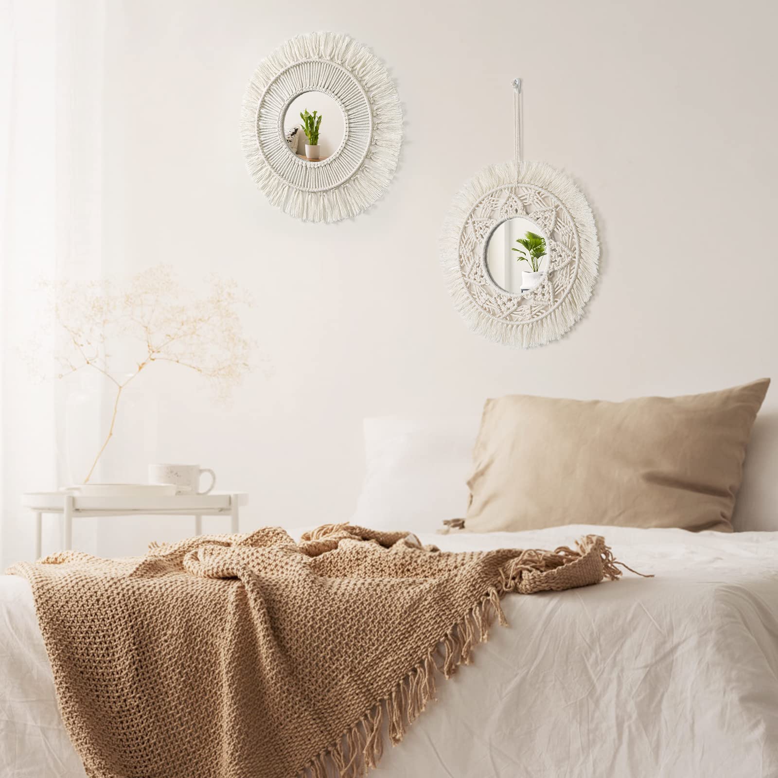 2 Pièces Miroirs Muraux Macramé Boho Avec Franges Et Perles - Décoration Salon Chambre