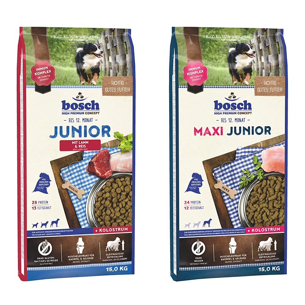 bosch HPC Junior mit Lamm & Reis | Hundetrockenfutter zur Aufzucht ernährungssensibler Welpen | 1 x 15 kg & HPC Maxi Junior | Hundetrockenfutter zur Aufzucht großer Rassen (ab 25 kg) | 1 x 15 kg