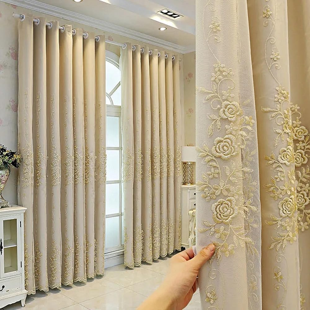Amidoudou 1 Pair European Double Layer Curtains for Living Room Rose Shaped Embroidered Curtains for Bedroom (Beige,54x84 Inch)