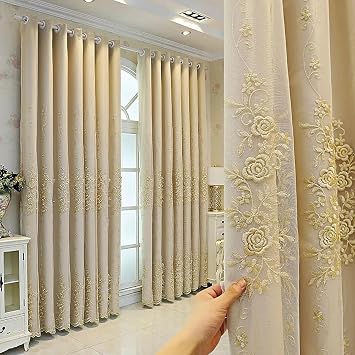 Amidoudou 1 Pair European Double Layer Curtains for Living Room Rose Shaped Embroidered Curtains for Bedroom (Beige,54x96 Inch)