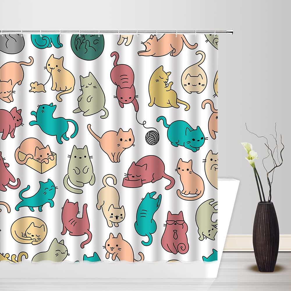 Sunhe Cute Cat Shower Curtain Lovely Cartoon Kitty Cat Kitten Funny Colorful Animal Pattern for Pet Lovers Kids Girls Nursery Multicolor Hipster Abstract Fabric Bathroom Decor Curtain with Hooks