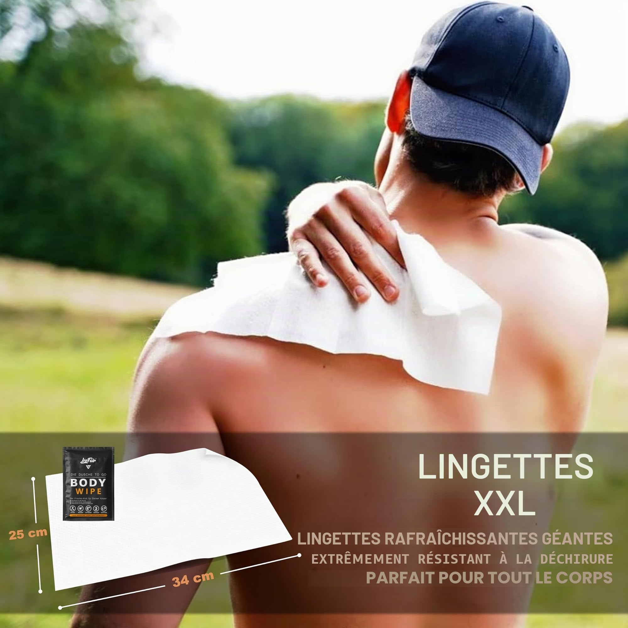 Lingettes pour le corps XXL - Lingettes humides pour les voyages, le camping, les festivals et en déplacement - 10 grandes lingettes humides emballées individuellement pour le visage et le