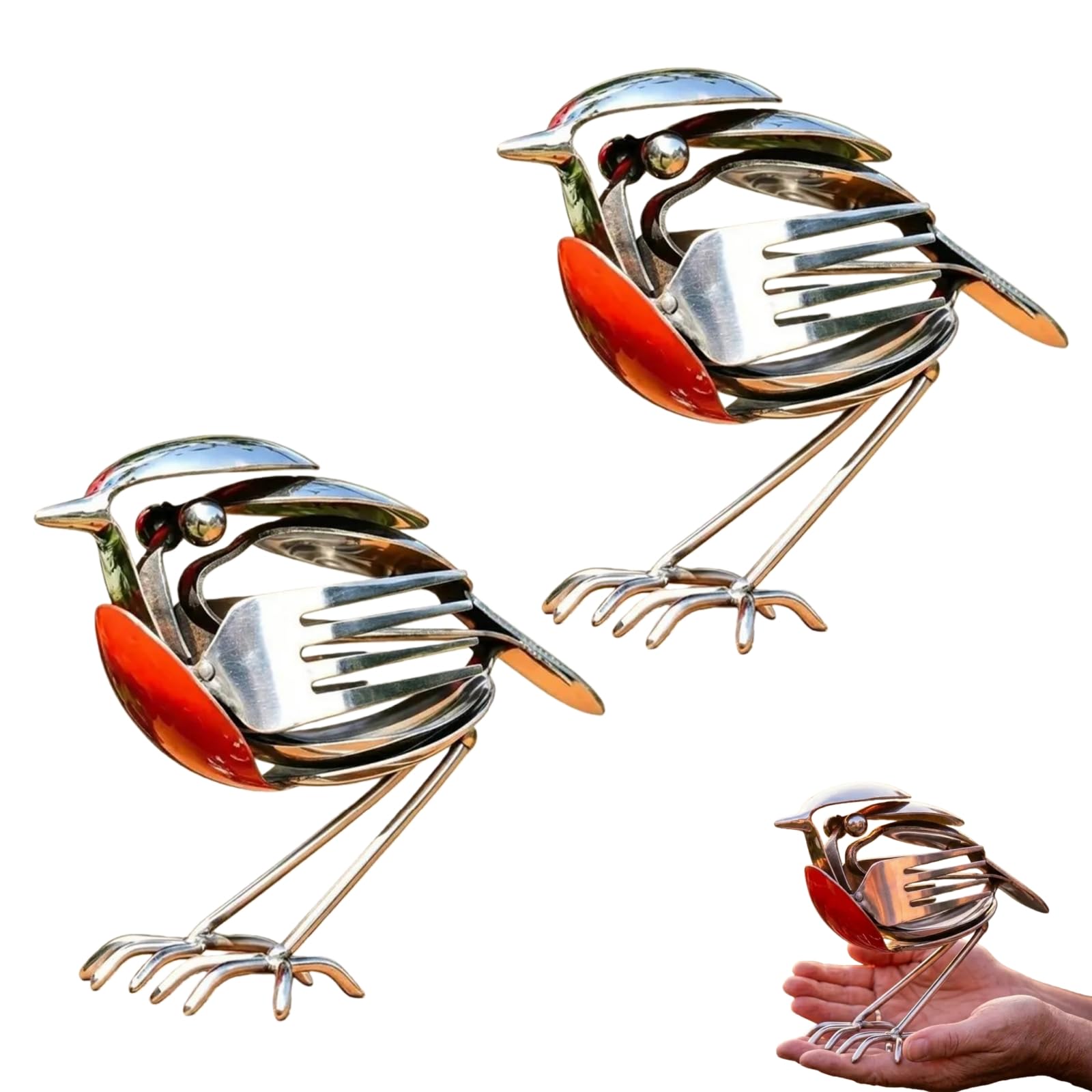 Recycled Fork & Spoon Robin Figurine, Metal Robin Bird Sculpture Rustic Red Chest Bird Statue Scrap Metal Art Decor, Handmade Garden Ornamen Indoor Home Art Decor Gift for Bird Lovers (2 PCS)