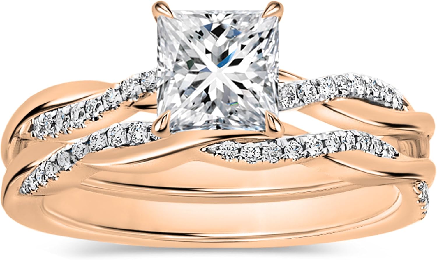 0.25-2.00 Carat Center Princess & Round Lab Grown White Diamond Solitaire Swirl Engagement Ring Set for Women in 10K Solid Gold