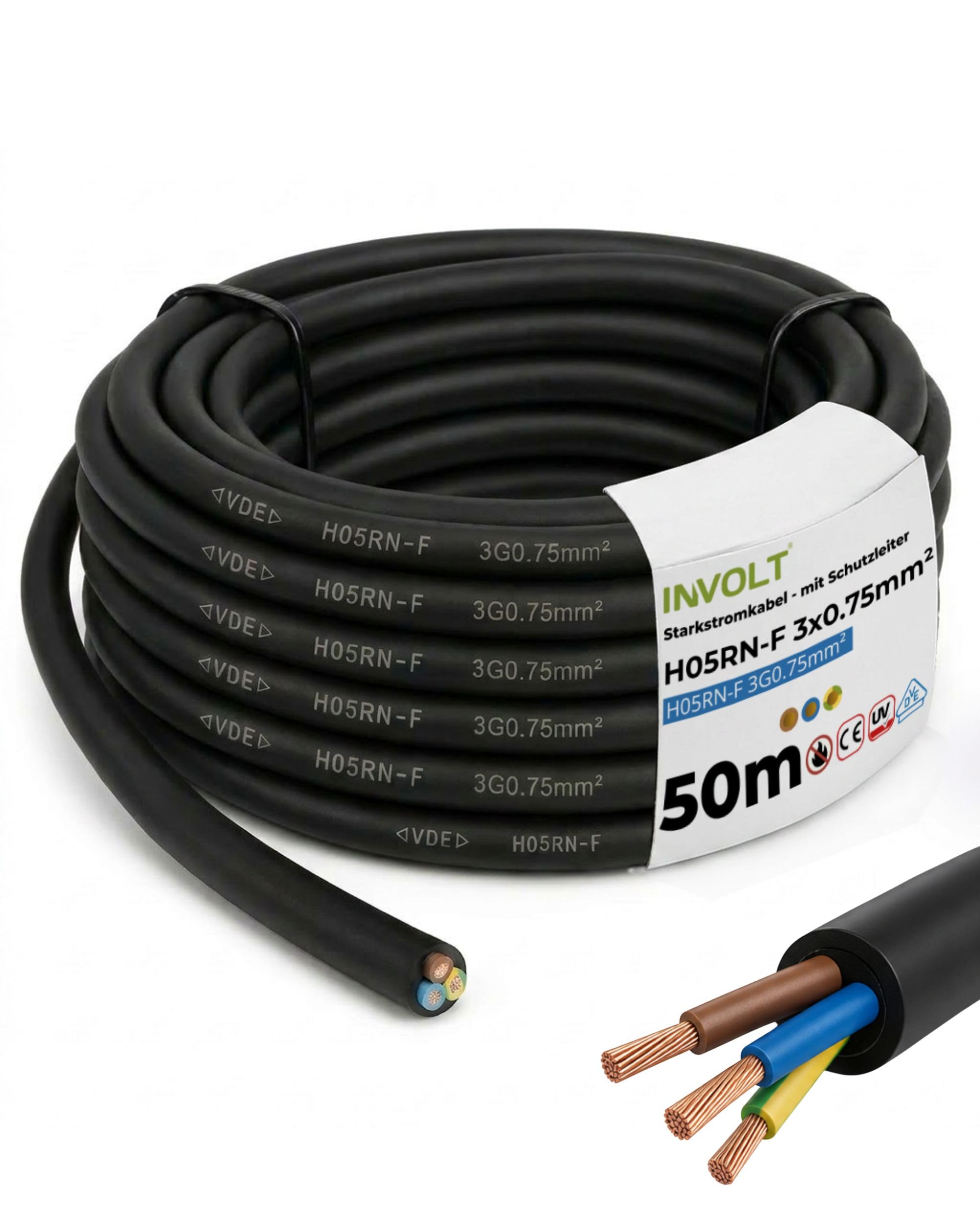 INVOLT 50m de câble en caoutchouc H05RN-F 3G0,75 mm², flexible, robuste, câble en caoutchouc avec conducteur de protection pour la connexion d'appareils électriques, VDE