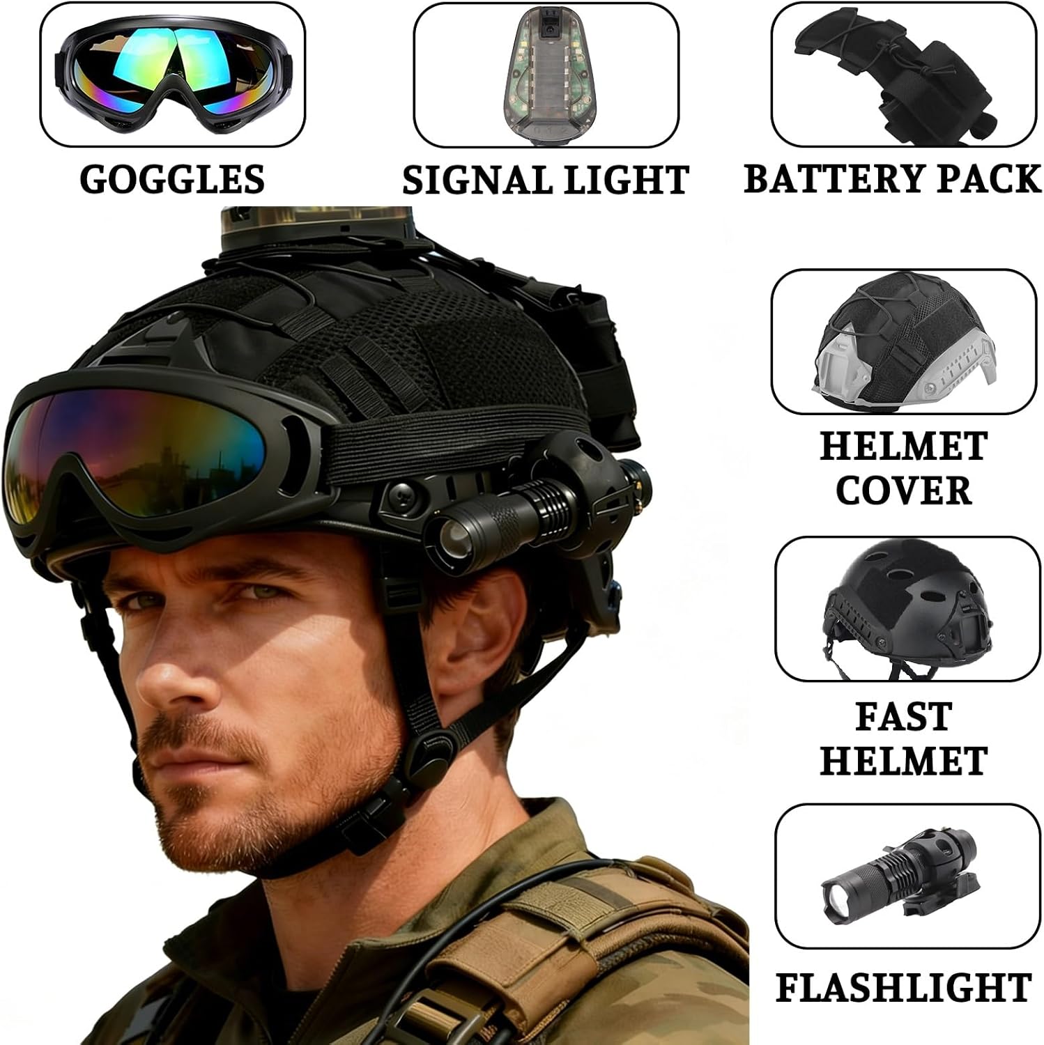 6-in-1 Tactical Fast Helmet Set with Signal Lights Flashlight Goggles for Airsoft Paintball Simulation Cosplay