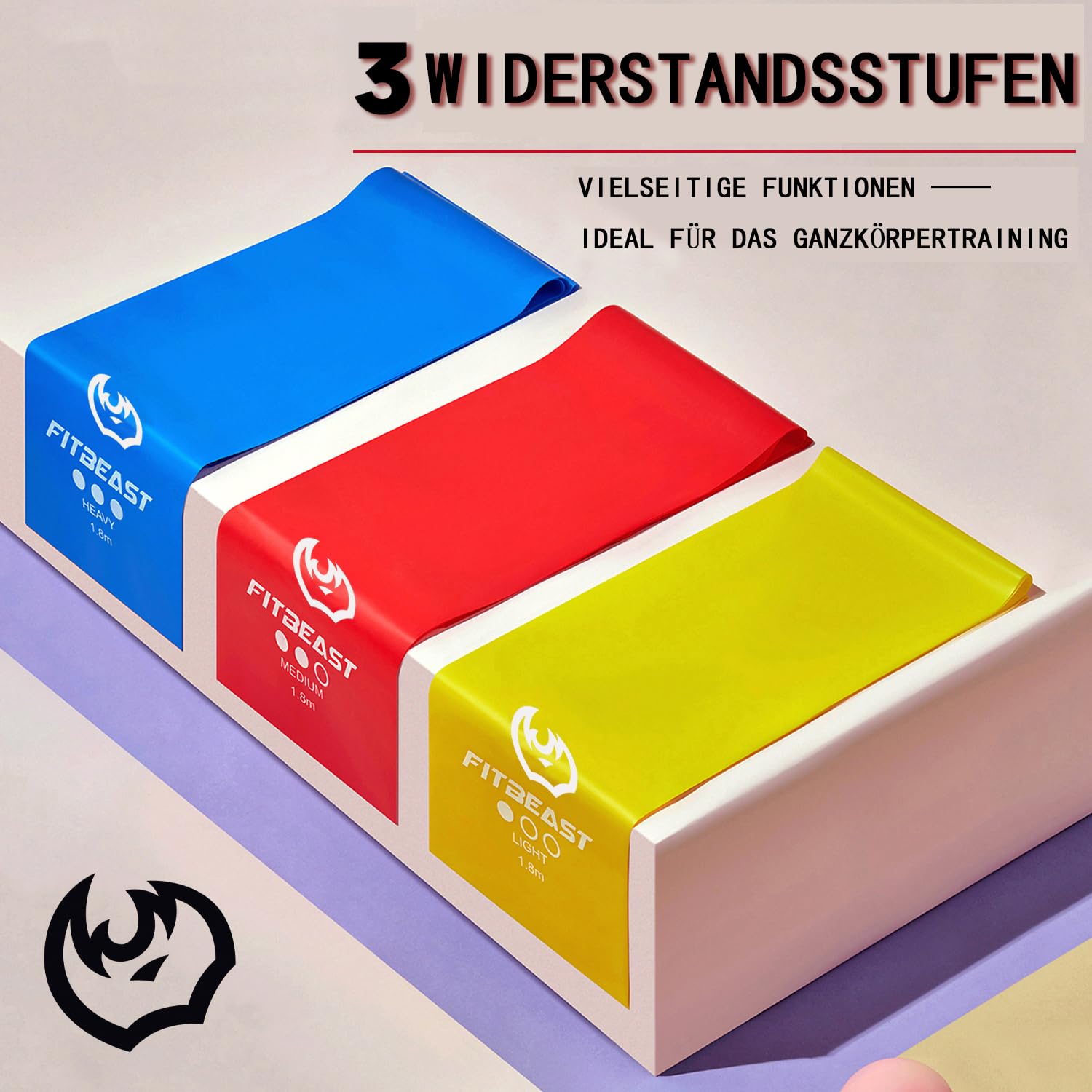 Lot De 4 Bandes De Fitness FitBeast – 3 Niveaux De Résistance (15-30 Lbs), TPE Durable, 1,8 M – Avec Sac Et Poster D’exercices – Pour Yoga, Musculation, Rééducation, étirements