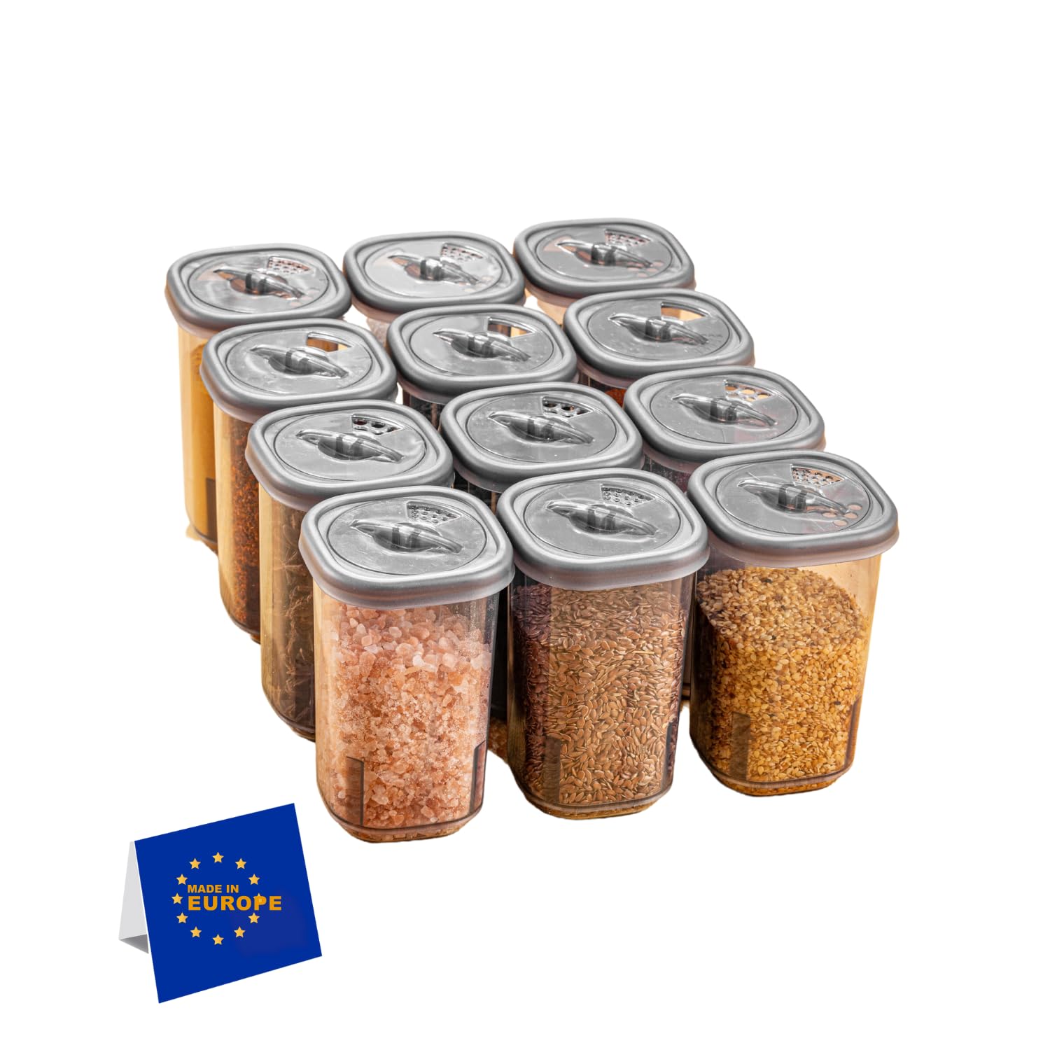 IDOBY Set of 12 Plastic Spice Boxes, Transparent & BPA-Free, Salt & Pepper Shakers, Spice Jars for Storage