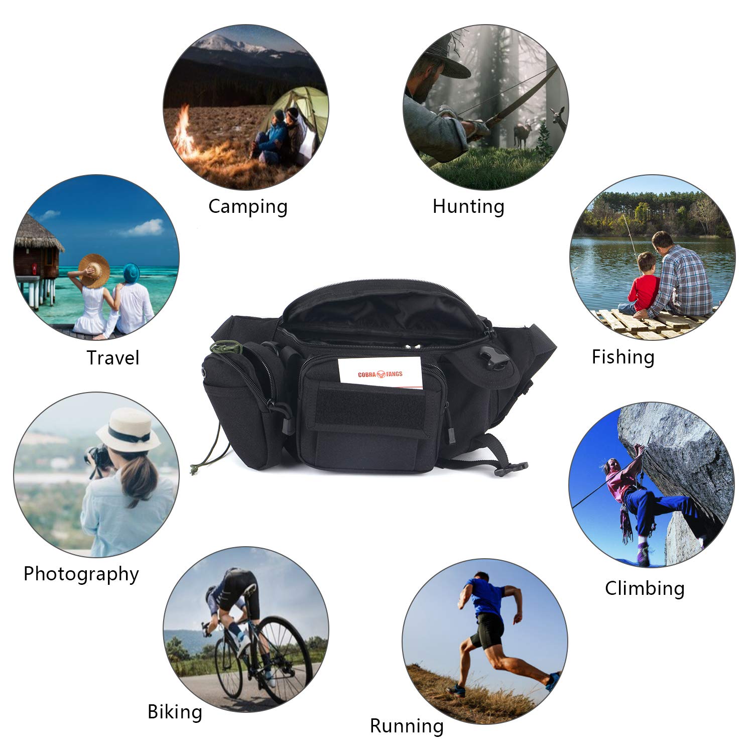 Sac de Taille Tactical Fanny Packs 9 Poches zippées Ceinture réglable Sport Bum Bag Femmes et Hommes pour la randonnée, Le vélo, la pêche, la Chasse