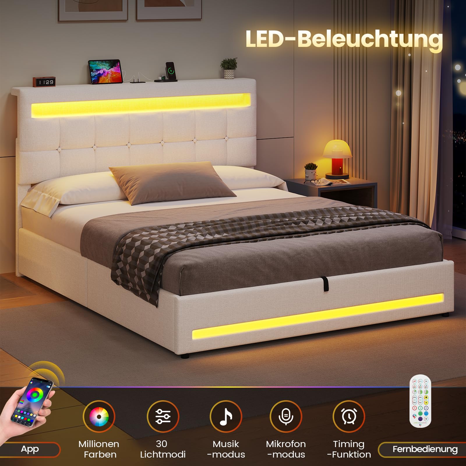AOGLLATI Polsterbett 140 x 200 mit LED Beleuchtung und Ladestation, Bettgestell mit Höhenverstellbares Kopfteil und Stauraum, Hydraulisches Bett 140 x 200 cm,Lattenrost, Linen,Ohne Matratze,Beige