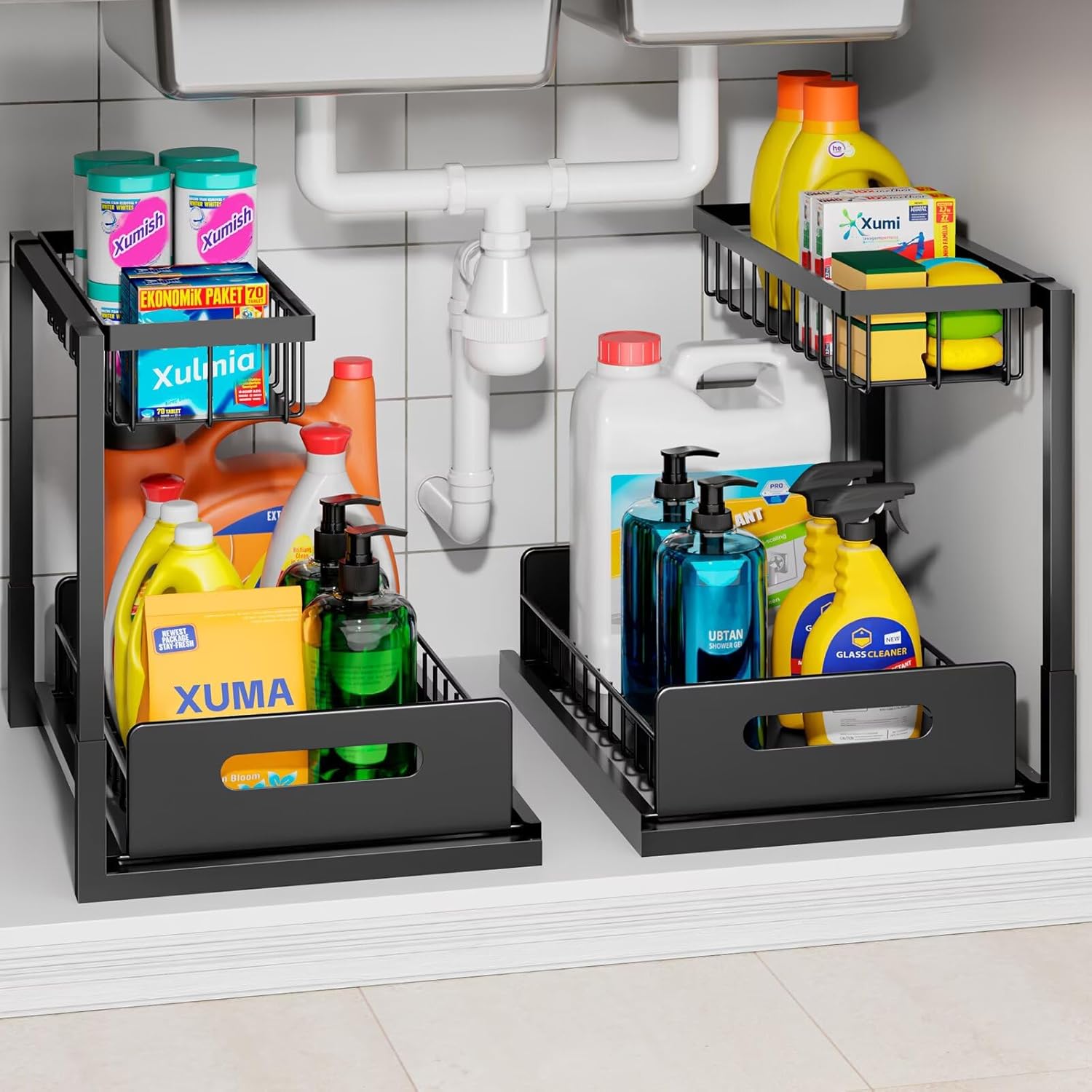 2-Tier Slide-Out Under Sink Organizer for Bathroom & Kitchen Cabinets | Heavy Duty Pull Out Drawers with Rustproof Metal Frame | 2 Pack Space Saving Storage Solution (Black)