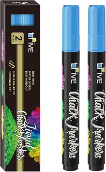 TFIVE Blue Liquid Chalk Markers, 2 Pack Erasable Chalkboard Markers | Round & Chisel Reversible Tip, Bright Color, Non Toxic, Easy To Use, Chalk Marker for Blackboard, Sign, Window, Mirror, Glass