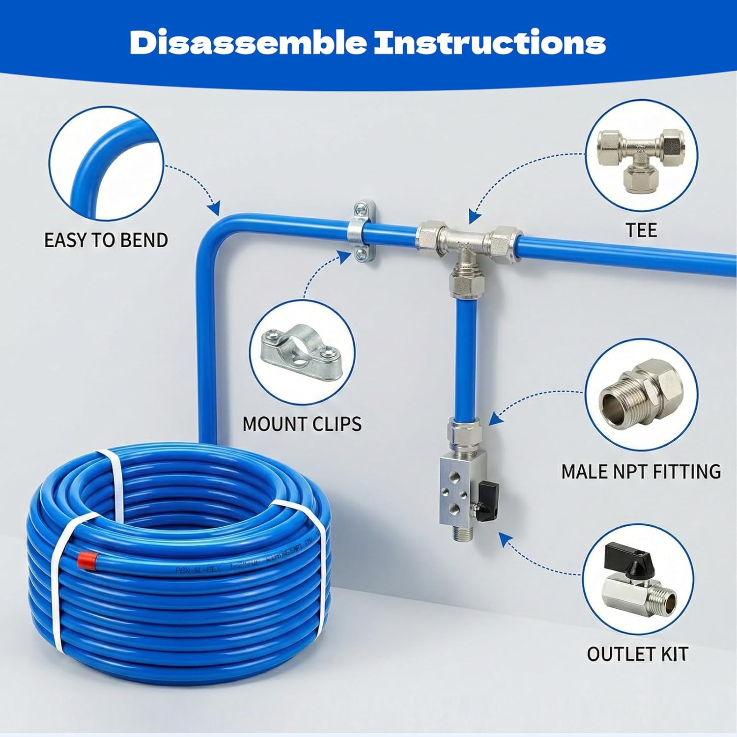Compressed Air Line Kit 100FT×1/2 Inch, Blue Shop Air Line Kit for Garage Rapid Air System 1/2, HDPE-Aluminum Piping Leak-Proof and Easy to Install, Air Compressor Hose Kit