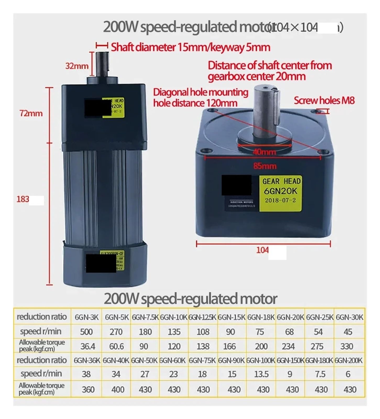 Motor asíncrono 6IK200RGN-AF de engranajes CA con regulador velocidad 200W 110V monofásico alto par ajustable | 0-67RPM