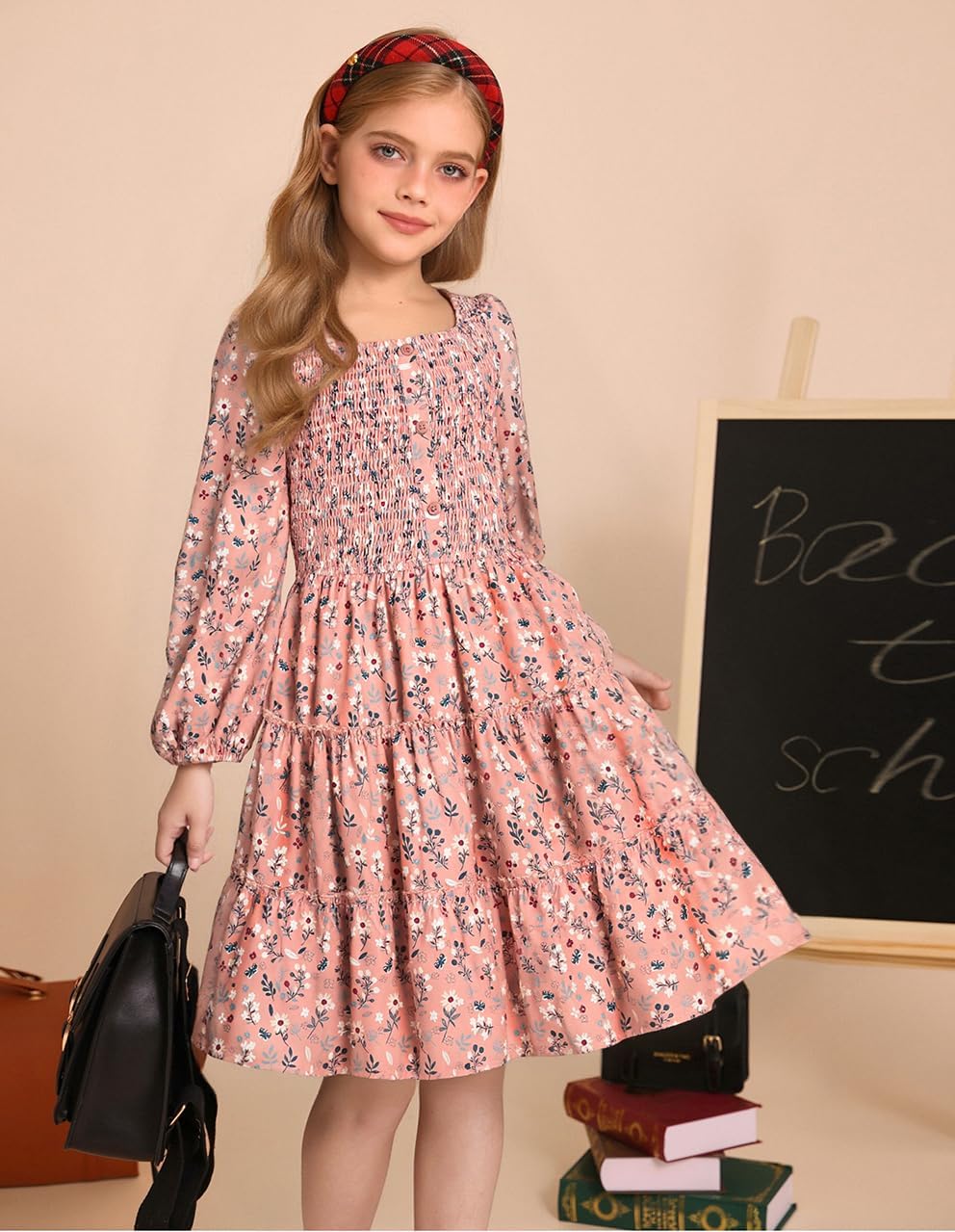 GRACE KARIN Girls Fall Long Sleeve Floral Square Neck Smock Tiered Casual Holiday Teen Dress Size 5-14 - Image 4