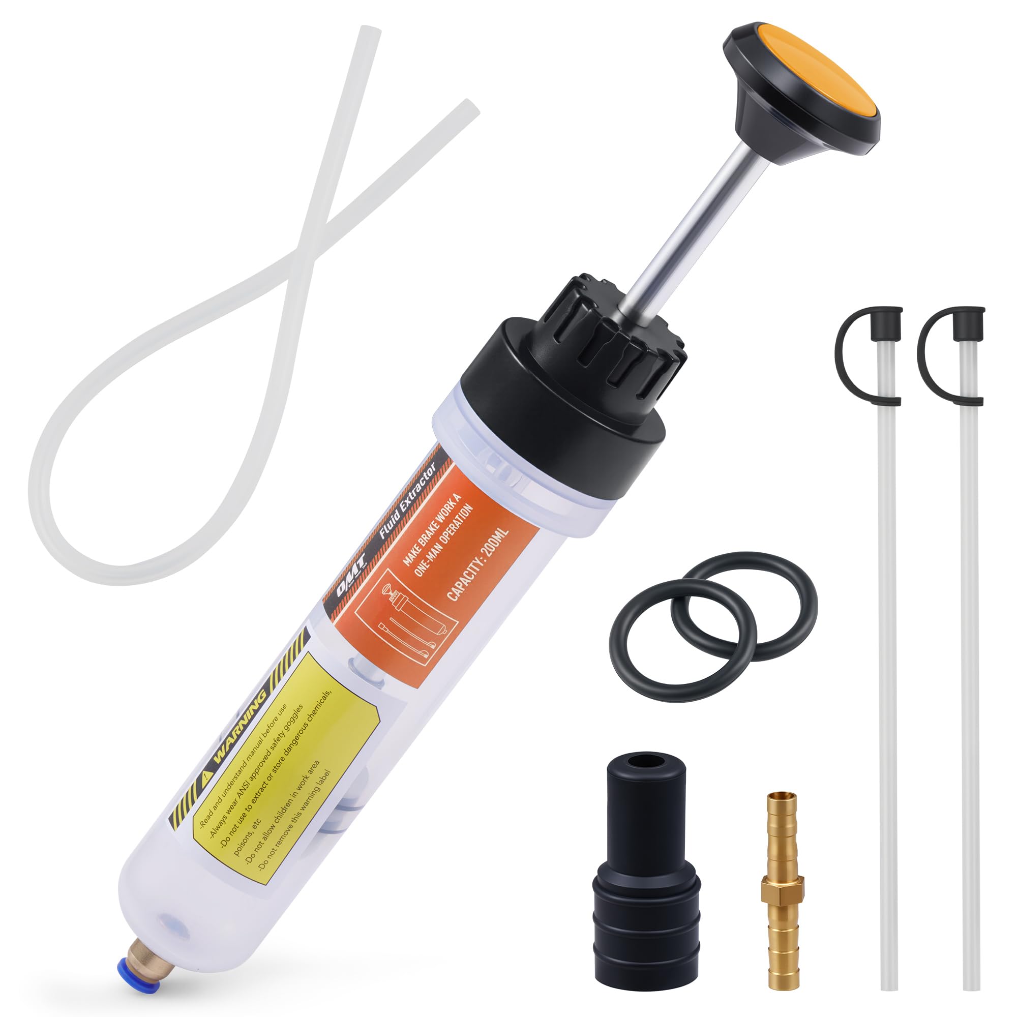 OMT Manual Fluid Extractor Syringe Pump for Auto Oil Change, 200mL Orange | Heat & Chemical-Resistant Polyethylene, Dual Rubber Ring Airtight Seal, Transparent Scale Body, 3 Extension Hoses with Caps orange 200mL
