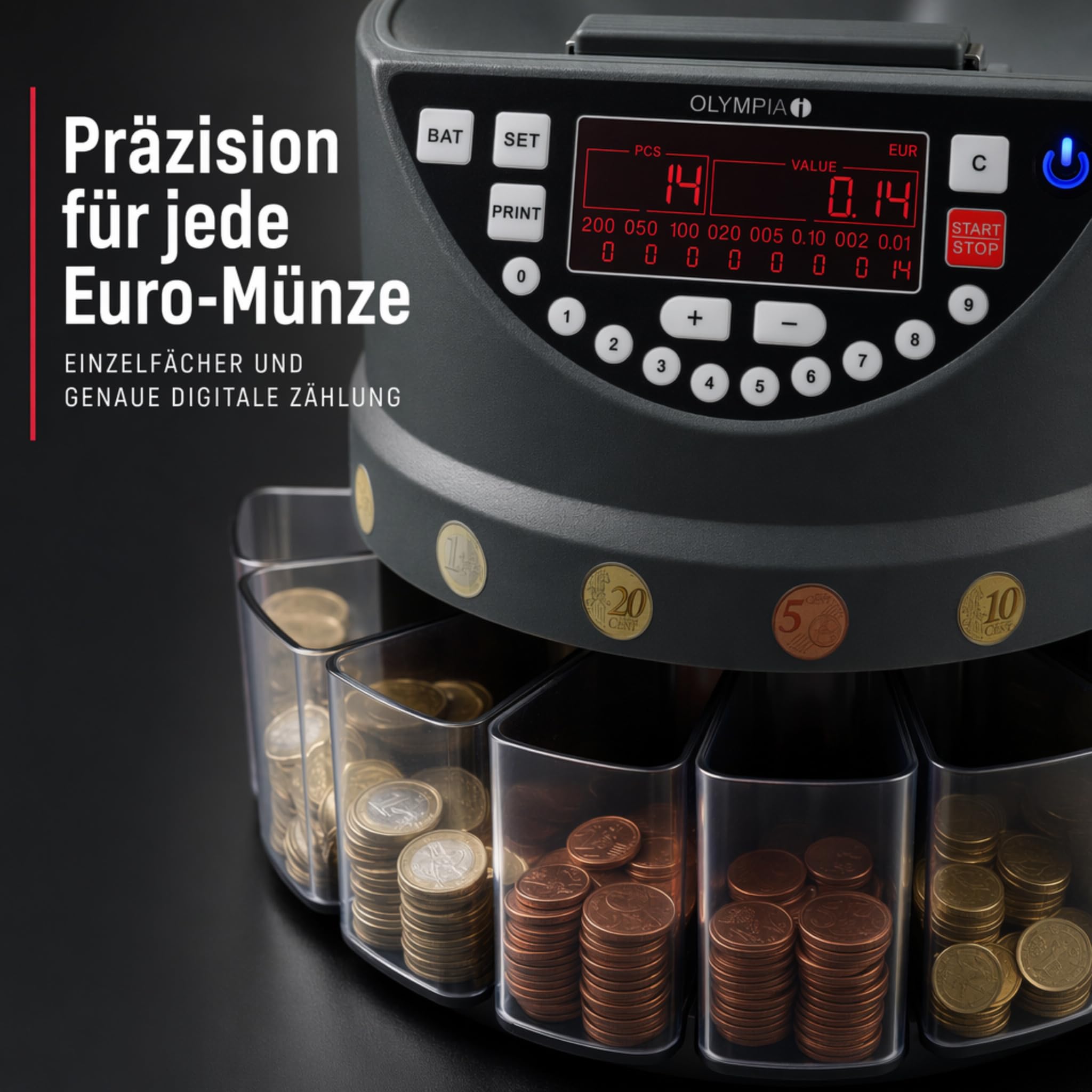 Olympia CC 300 - Contatore per monete in euro, 270 monete al minuto, 8 contenitori per classificazione, display LCD, connettore stampante