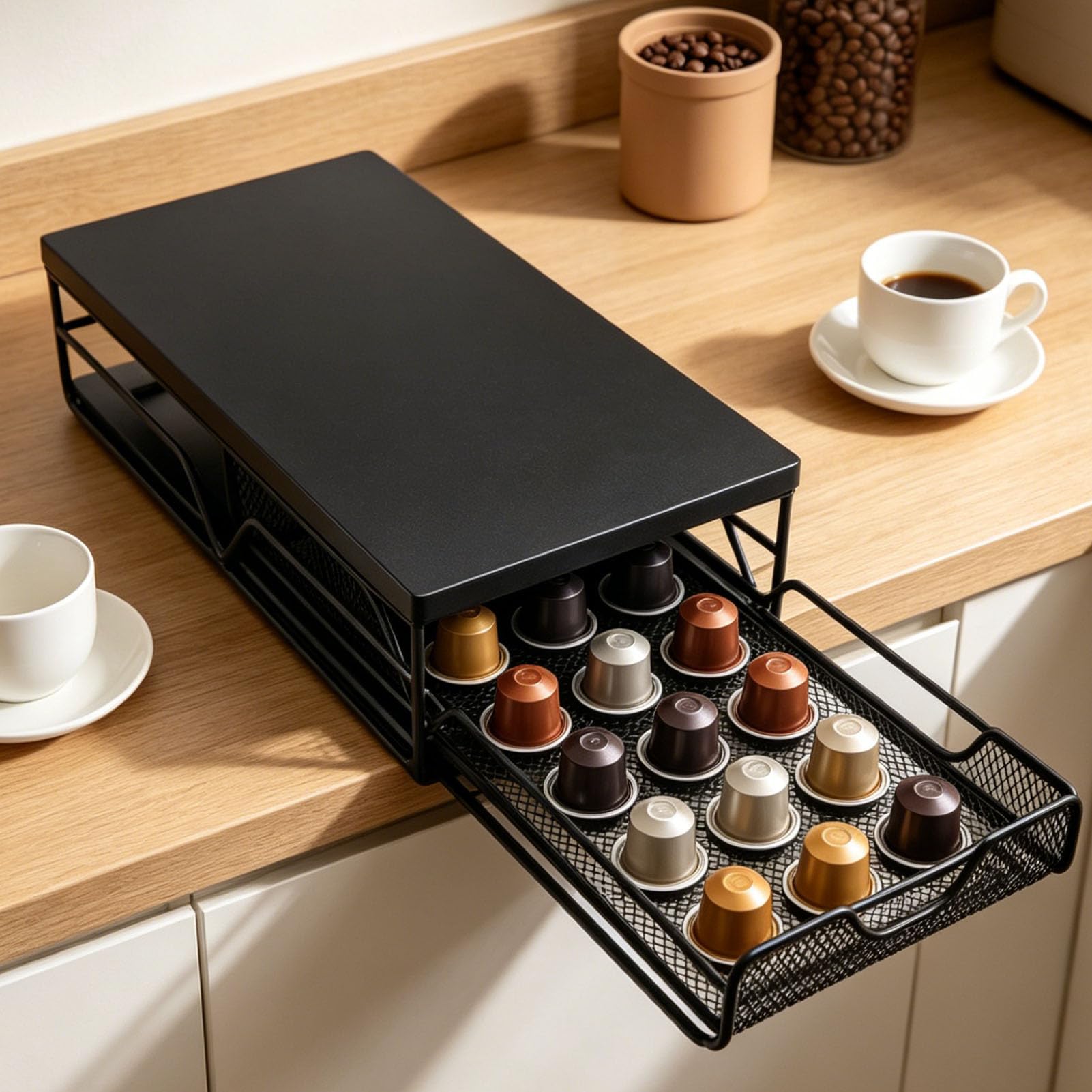 RIZGHWOY Portacapsule per caffè, Organizer per Cassetti di Grande capacità con Divisore Rimovibile, Design Scorrevole e Liscio per L'uso Al Bancone (BLACK)