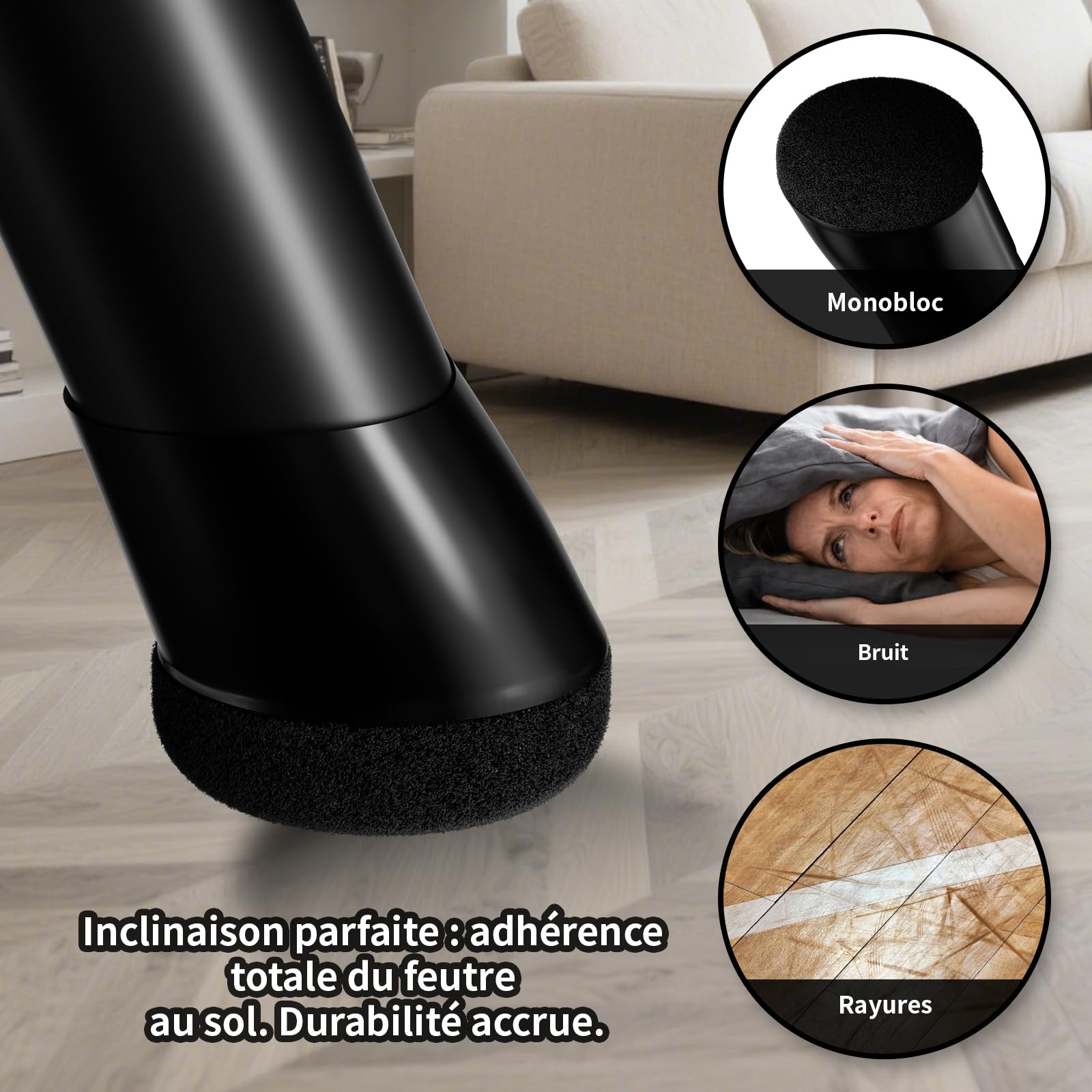 Tampon Chaise 16 Pièces, Ø14-20mm Protection Pieds de Chaise Rond - Patin Chaise Feutre Noir pour 15°-25° Pente, Anti-Bruit & Anti-Rayure Sol, Noir