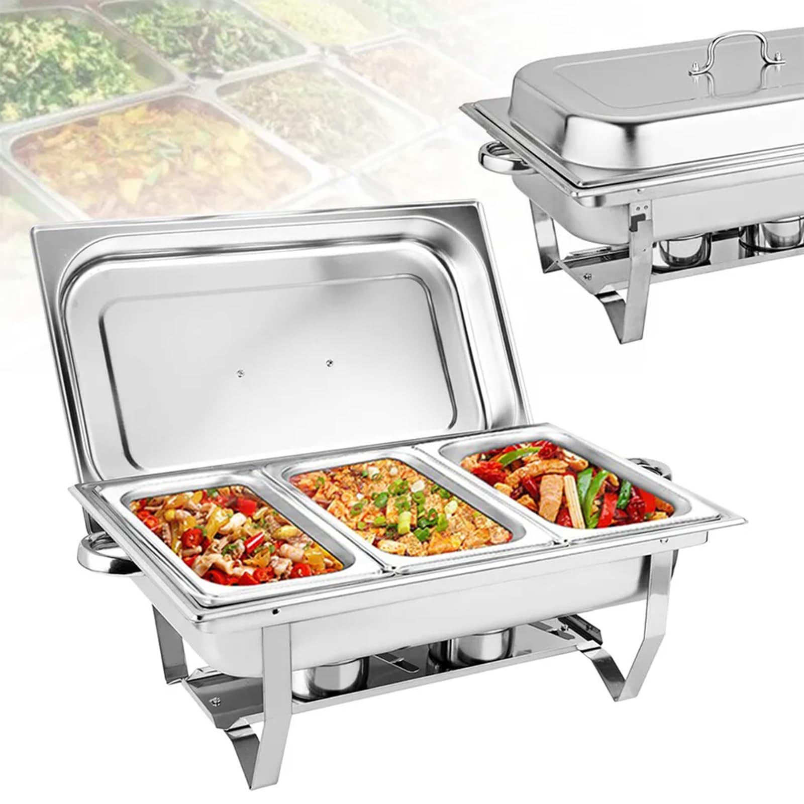 Set scaldavivande da 9 l, in acciaio inox, rettangolare, con telaio pieghevole e supporti per carburante, per feste, buffet, catering, banchetti, eventi