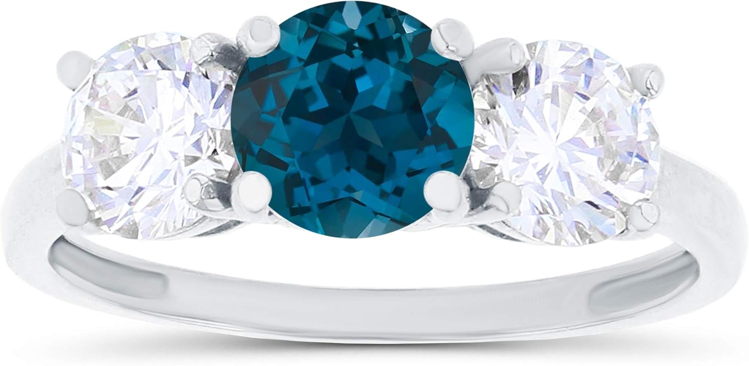 Solid 14K White Gold 5mm Natural Genuine Birthstone & Created White Sapphire 3 Stone Engagement Ring For Women, Size 7