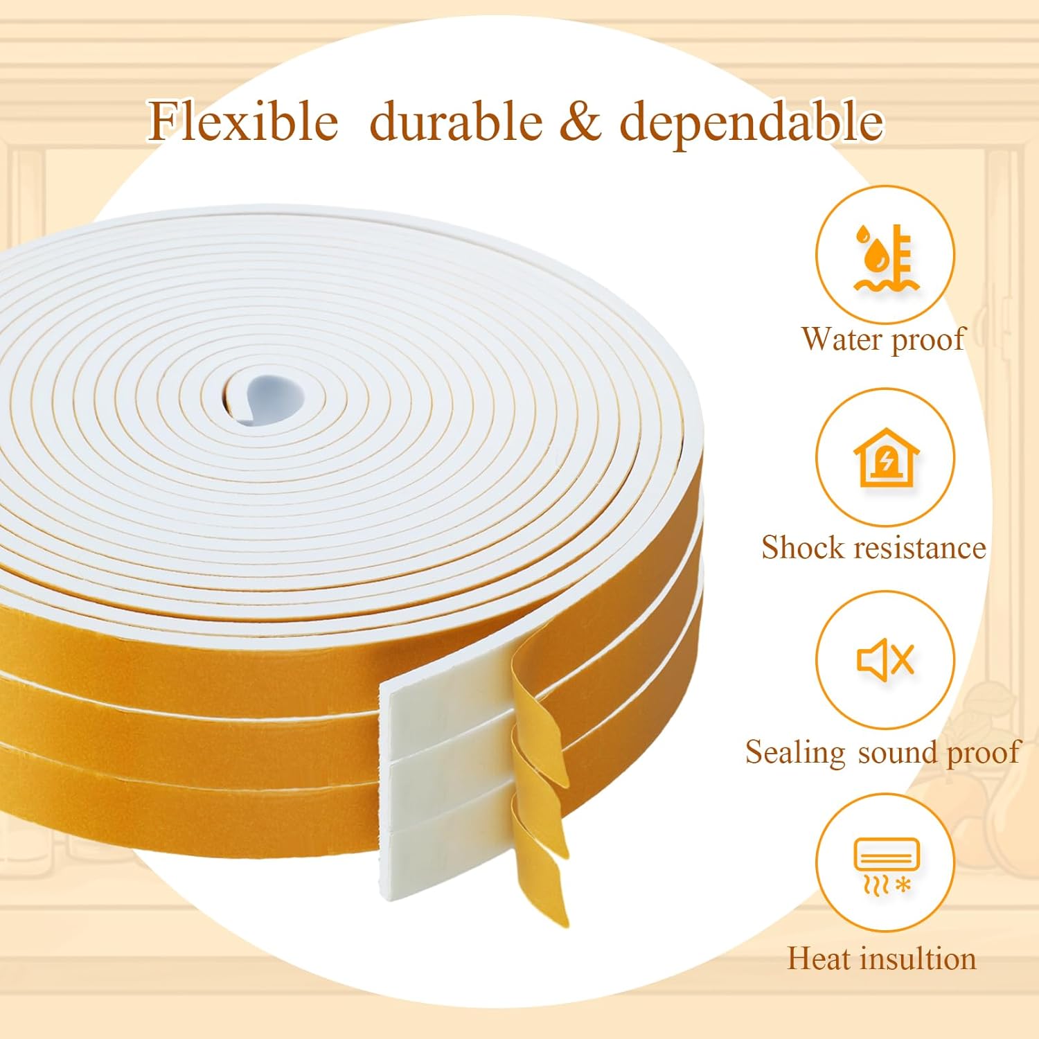 Frienda 1In x 1/4In x 33Ft Weather Stripping Door Seal Strip High Density Foam Tape Adhesive Insulation Tape Door Weatherproof Soundproofing Insulation Strip Roll for Air Conditioning Window