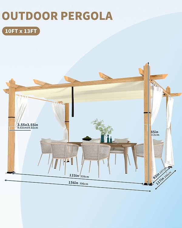 KYBOLT 10x13 Ft Outdoor Pergola with Retractable Canopy Aluminum Gazebo Imitation Wood-Grain Post with Side Mesh Screen Pavilion for Backyard Deck-Beige+White by KYBOLT - Used condition - Image 6
