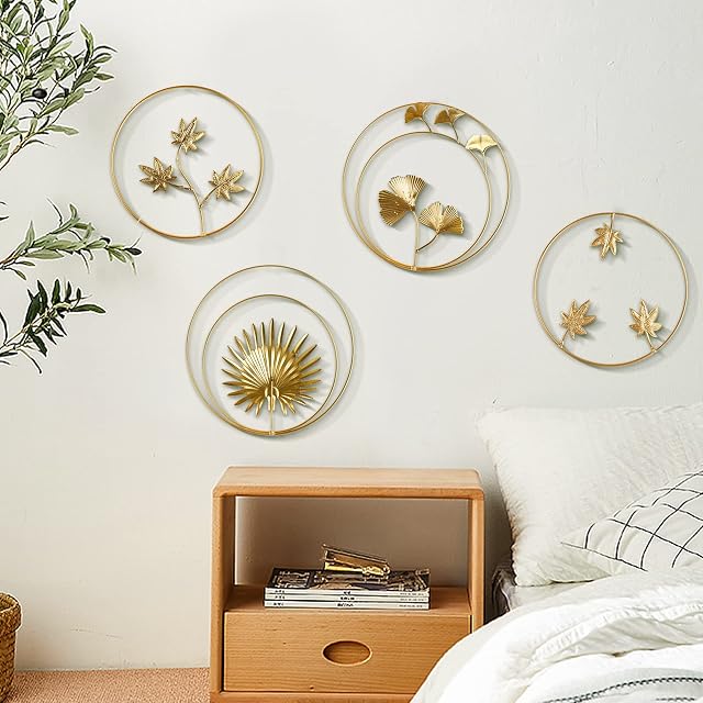 Offfay Gold Wall Art, Metal Wall Decor, 4Pcs Ginkgo Leaf Wall Art, Nordic Style Iron Wall Sculptures for Living Room, Round Leaves Wall Hanging Decorations for Bedroom, Home, Hotel