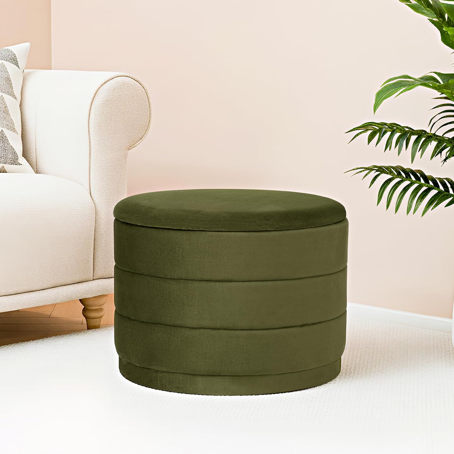 23" Round Velvet Storage Ottoman with Reversible Lid, Soft Padded Footrest and Hidden Storage, Large Upholstere Tray Top Ottoman Footstool for Living Room, Bedroom, Entryway, Olive Grreen 23"D x 23"W x 17"H Olive