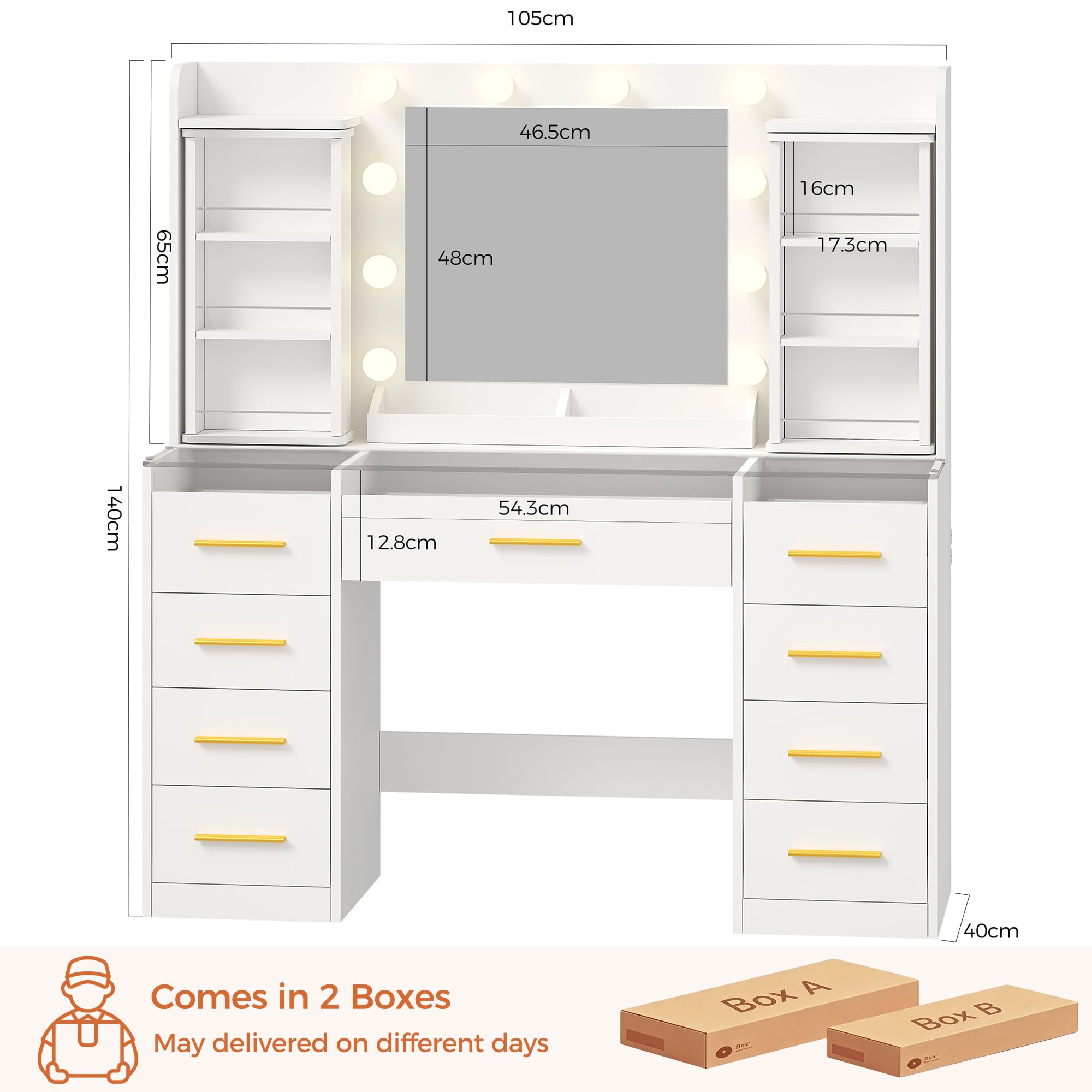 Tocador de Maquillaje con Organizador de Joyas Giratorio de 360° | Luces LED, Mesa de Maquillaje con Tablero de Vidrio,9 Cajones RGB,8 Estantes, Tocador con Enchufes Moderno Blanco EXFST005W