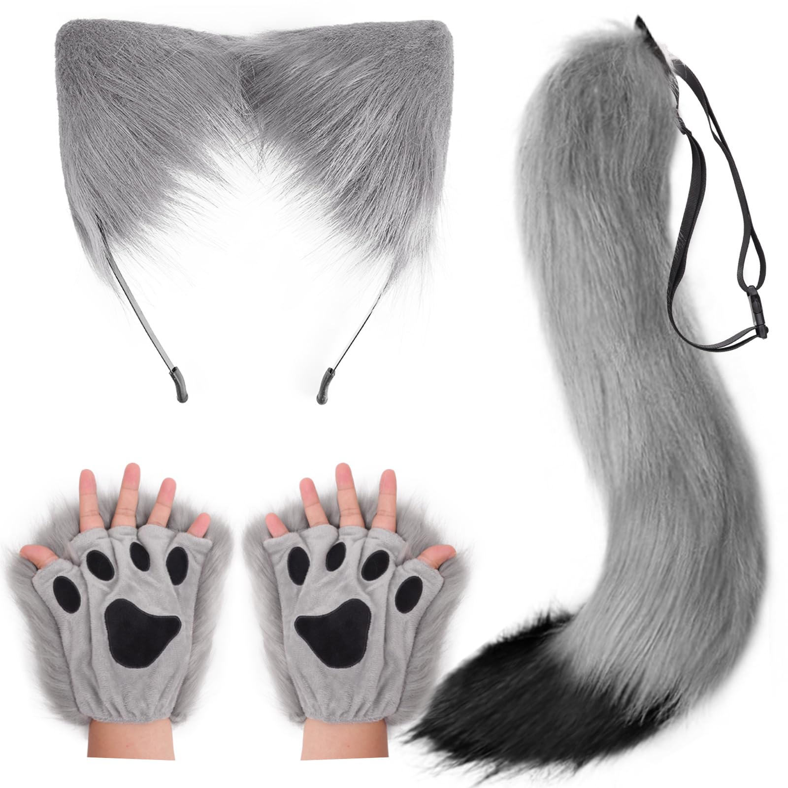 DRESHOW Wolf Fox Fur Tail Ears Headband and Gloves Set Cosplay Party Costume Super Huge Fluffy Tail for Women