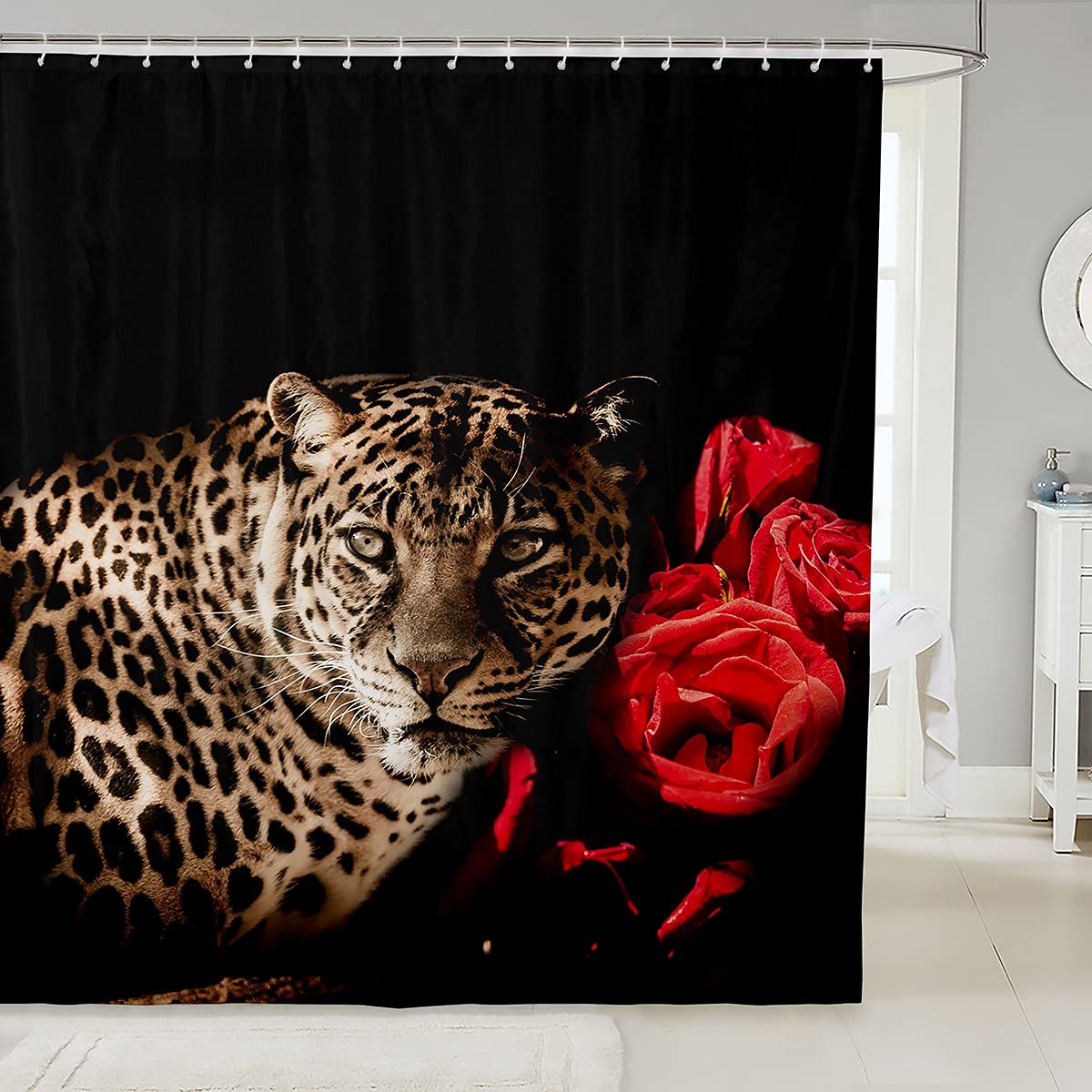 Tenda da doccia con motivo leopardato di metà secolo, tenda da doccia in tessuto con animali selvatici, fantasia astratta con foglie geometriche in terracotta, cortina da bagno, 150 x 170 cm