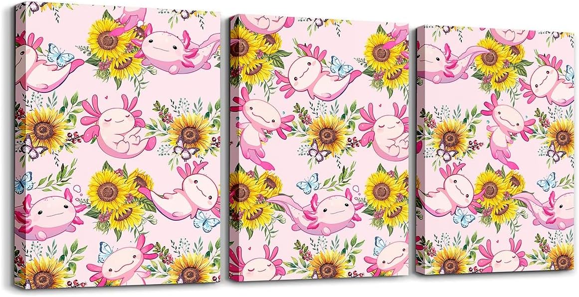 Feelyou Kids Girls Cute Axolot Canvas Wall Art Set Of 3 Pieces,Pink Axolotl Wall Decor Prints Home Artwork for Living Room Bedroom Decor,Ocean Axolotl Paintings Wall Hanging,Kids Girls Room Decor