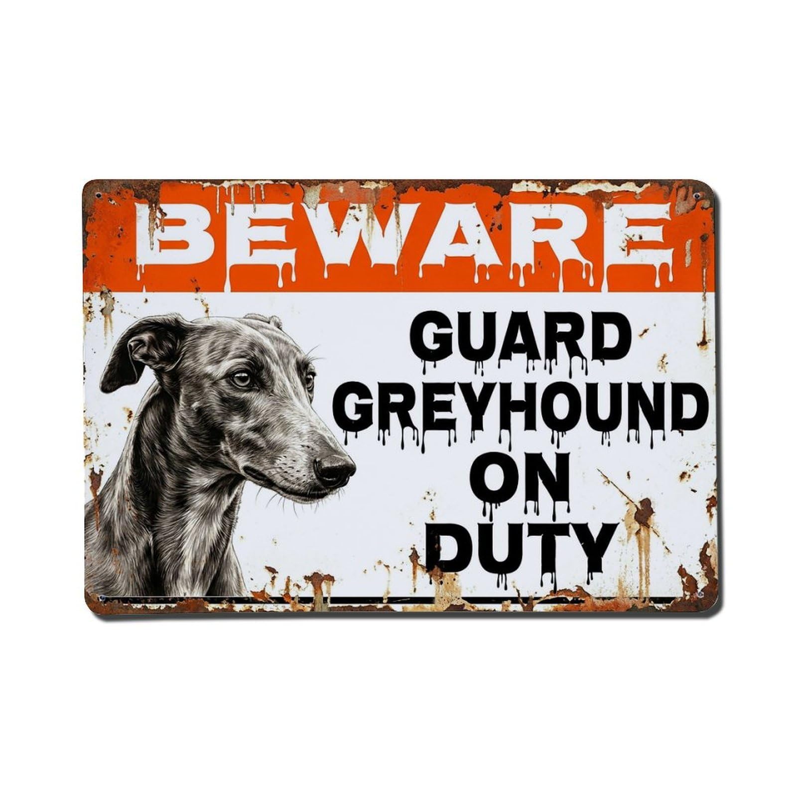 Vintage Funny Greyhound Guard Beware of Dog House Metal Tin Sign Plaque Wall Decor for Cafe, Club Bar, Office, Garden Metal Poster 8x12Inch