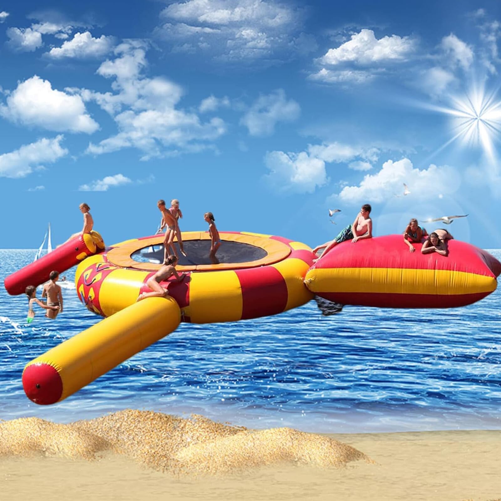 Lake Trampoline, Leisure Inflatable Water Trampoline, Portable Bounce Swim Platform, Sports Trampoline with Slide and Ladder, Water Floating Bed