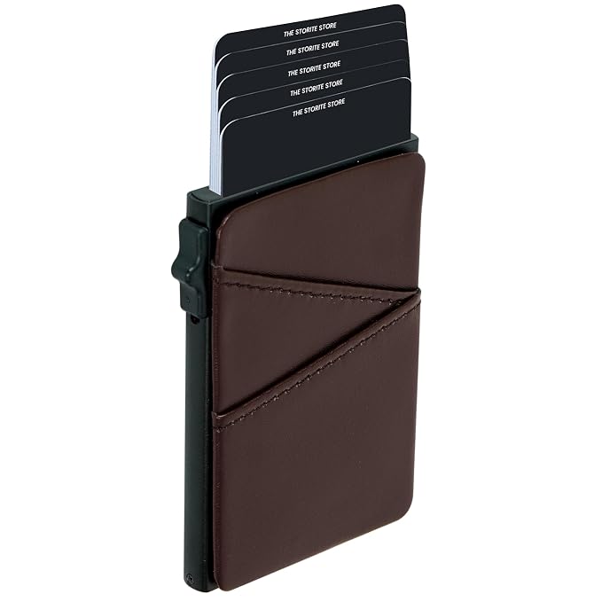 Storite Pop up Wallet Card Holder with Extra Leather- 6 Slots RFID Blocking Slim Metal Card Case(Brown - 9.7 x 6.3 x 1.3 CM)