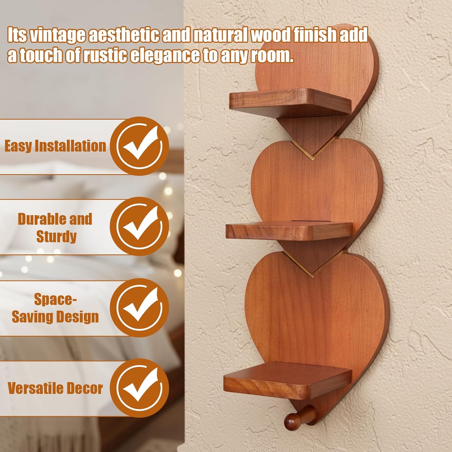 3 Tier Vintage Heart Wood Wall Shelf, Charming Trinket Shelves Wall Hanging Decorative, Rustic Wooden Shelves Display for Knick-Knacks