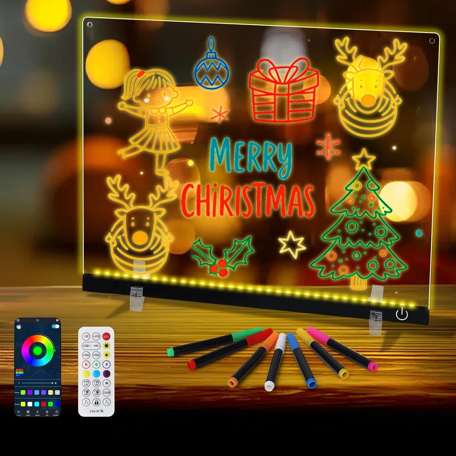 14.1"x10.9" Acrylic LED Drawing Board w/APP & Remote Control Touch Button Control, LED Note Board with Color, Dry Erase Board w/LED Light, Glowing Memo, Ideal for Office/Home/Kids/Gifts-Black