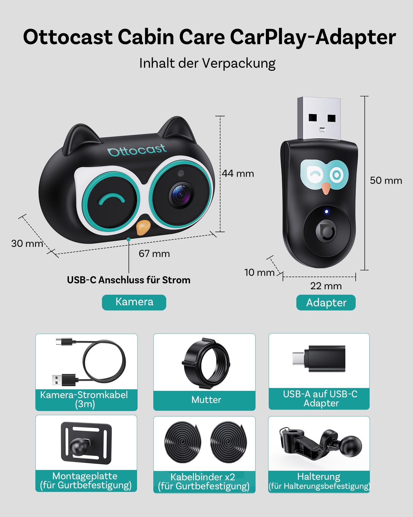 Ottocast Cabin Care CarPlay Adapter 2026, Ottocast Mini Caméra Siège Arrière 1080P, USB-A Plug & Play, Uniquement pour CarPlay Filaire d’Origine