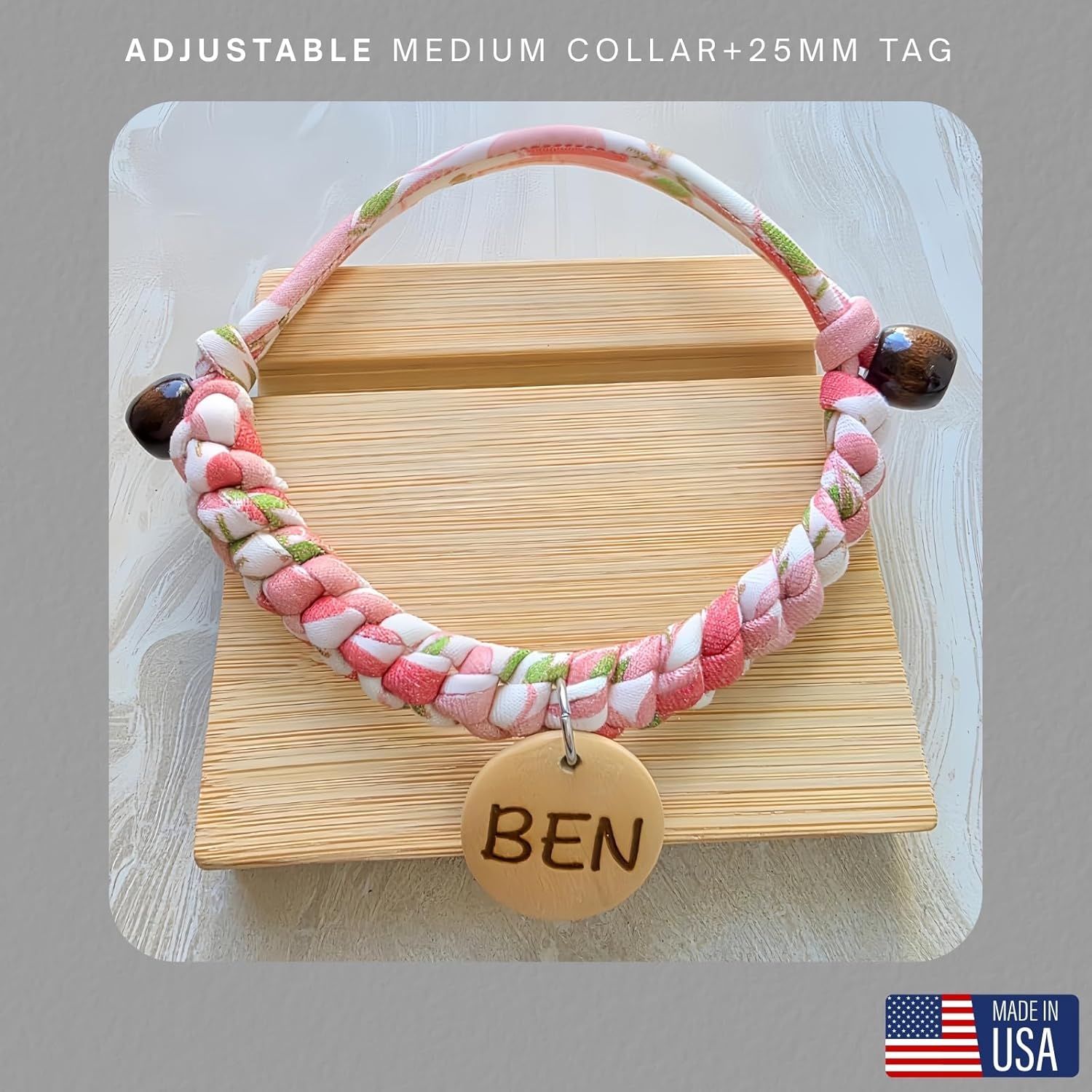 Cute Personalized Dog Cat Collar with 2 Engraved Wooden Tags – Handmade Pink Floral Cotton Rope Collar for Puppy, Small to 4XL Dogs & Cats Handmade in California (Peach)