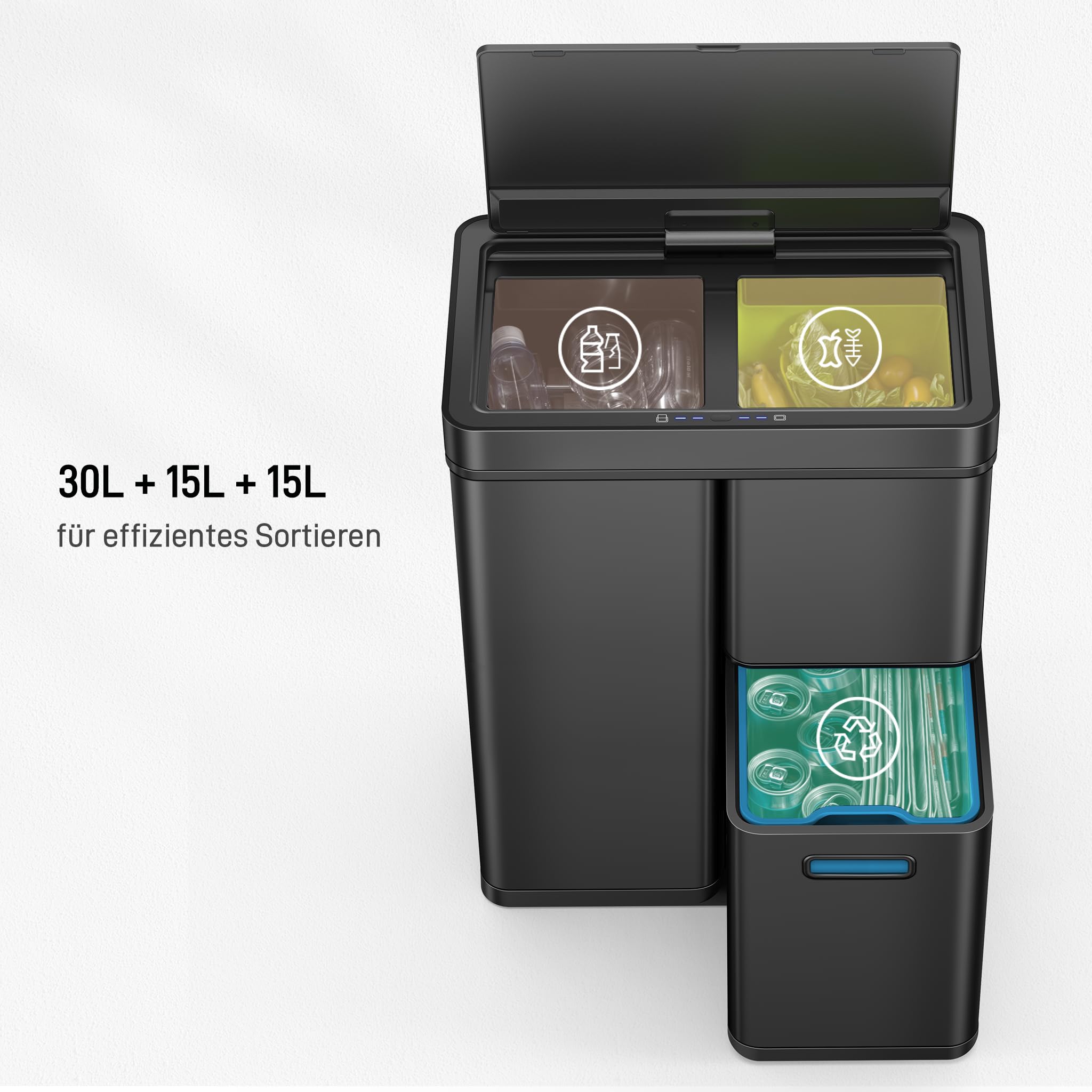 EKO Mirage Plus kosz na śmieci z 3 przegródkami, 2 x 15 l i 30 l, kosz na śmieci z recyklingu, z czujnikiem, 3 pojemniki wewnętrzne z tworzywa sztucznego, automatyczny kosz na śmieci z pokrywką, duży
