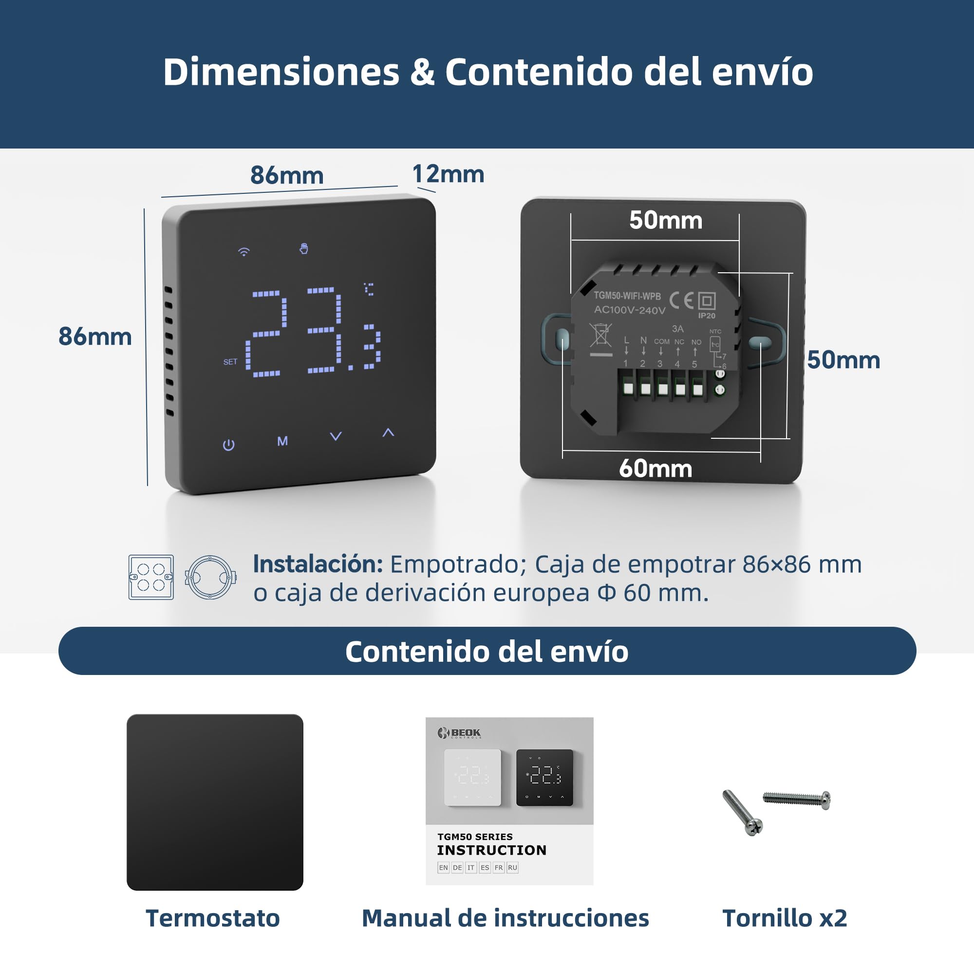 Beok Termostato WiFi para Caldera, programación Diaria, controlable a través de Tuya o Smart Life, Compatible con Alexa y Google Assistant, Control por Voz, 230 V, termostato Empotrado Negro.