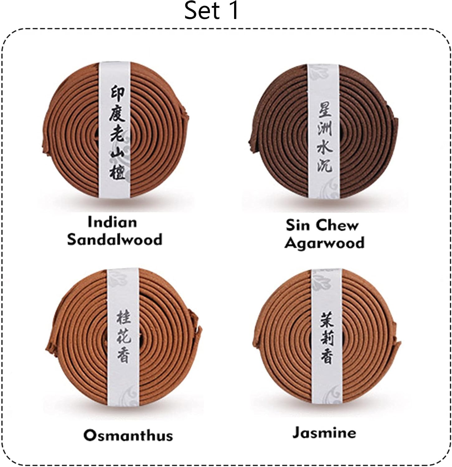 Aromatherapy and Meditation Coil Incense Gift Set by Gandhanra - 160 Natural Coils in 4 Scents with Free Burner - Long Lasting 4 Hours,Set 1(India Sandalwood,Agarwood,Jasmine,Osmanthus)