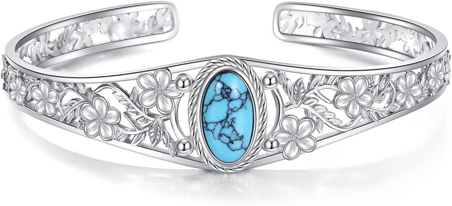Turquoise bracelet 925 Sterling Silver Vintage Flower Bracelet Bangle Boho Adjustable Turquoise Bangle Jewelry Gifts for Women Lover