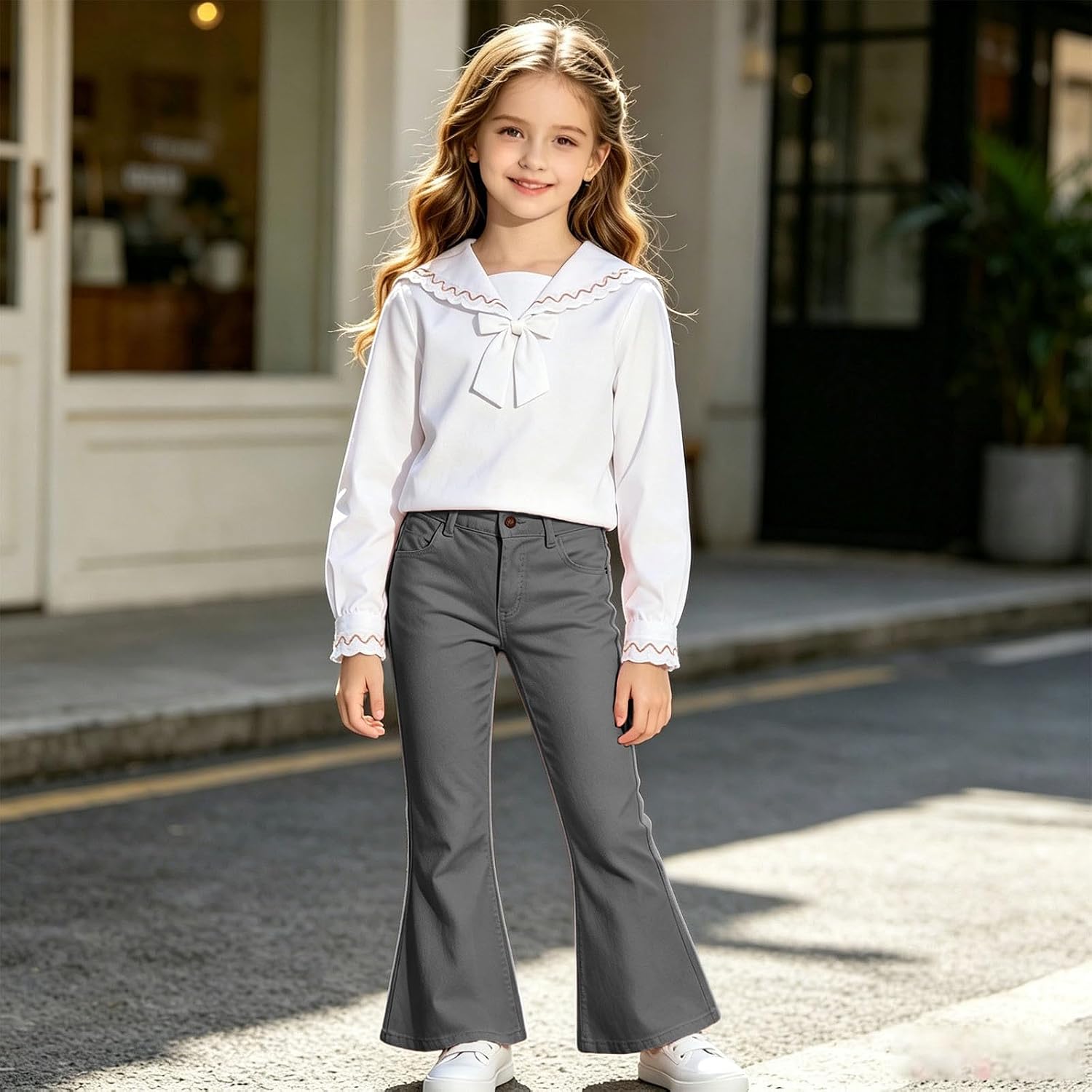 Girls School Uniform Pants Kids Flare Leggings Elastic Waist High Stretchy Bell Bottoms Preppy Trousers with Pockets