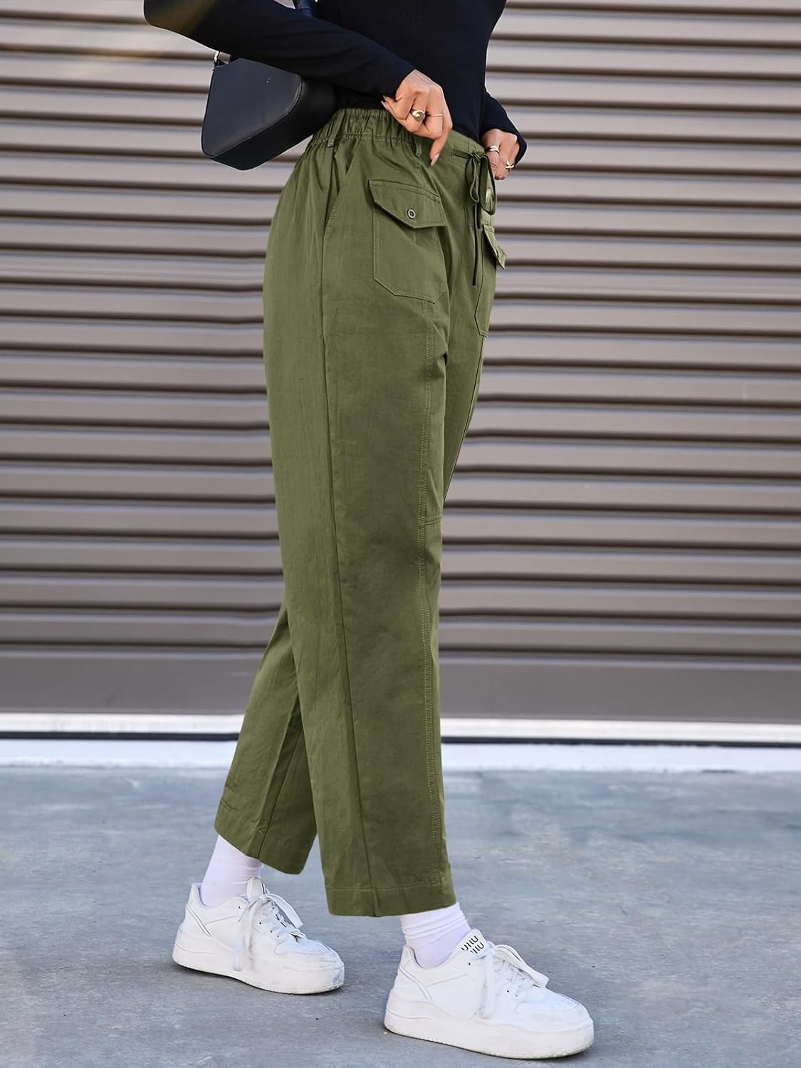 Fisoew Womens 100% Cotton Cargo Pants Drawstring Elastic Waist Casual Hiking Work Pants with Multiple Pockets - Image 5