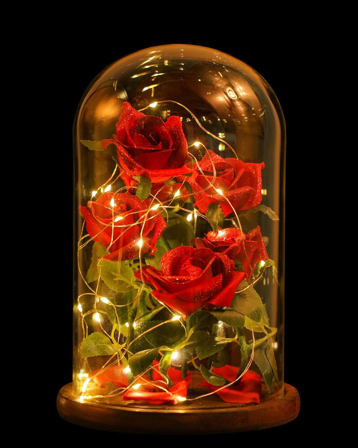 Snowkingdom 11" Beauty The Beast Rose in Glass Dome 6 Red Flower LED Light with Fallen Petals on a Wooden Base Belle Wedding Anniversary Christmas Mother's Day